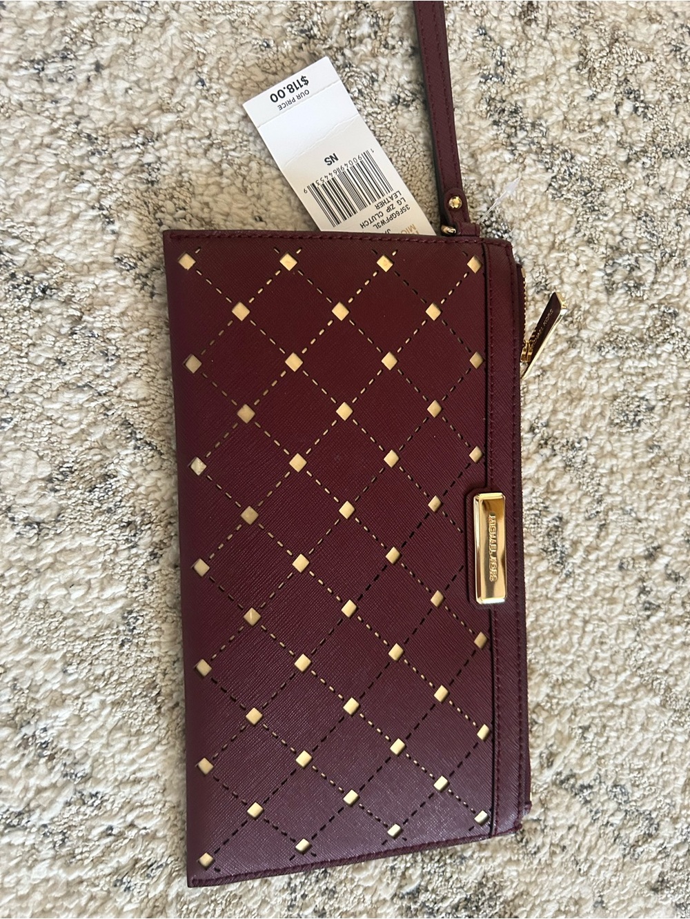 Michael Kors Burgundy Quilted Wristlet Clutch with Gold Studs